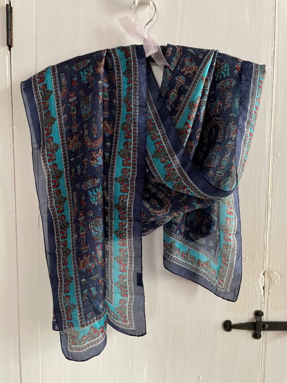 100% Silk Bohemian Navy & Teal Indian Boho Inspired Printed Scarf APX. 20" x 70"
